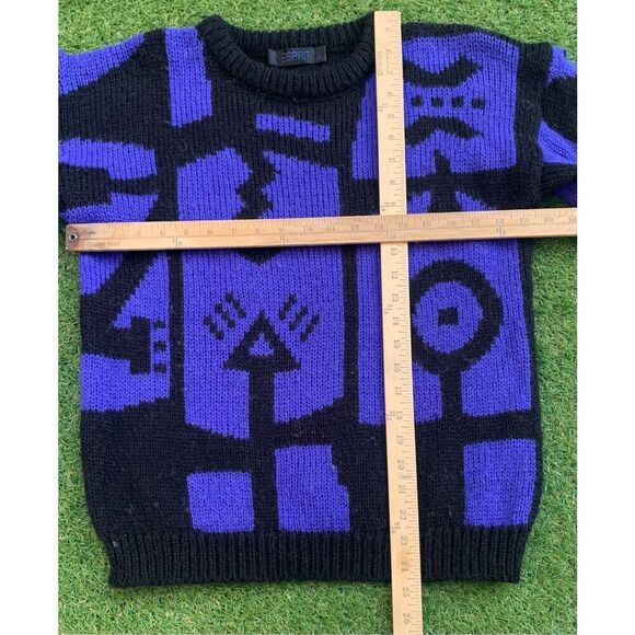ESPRIT VINTAGE 80’s MCM WOOL ABSTRACT PRINT PURPLE CREW NECK SWEATER sz L - Picture 3 of 7